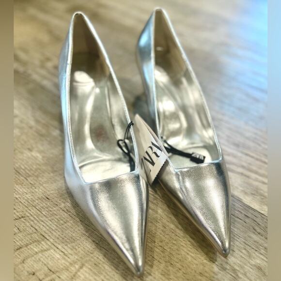 ZARA Metallic Pointed Toe Heels NWT | Silver Pumps | Size 7.5 - Picture 7 of 16